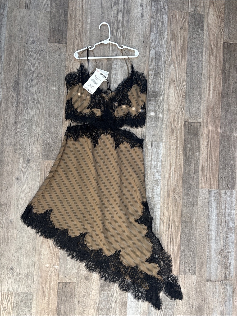 Zara Tan and Black Asymmetrical Lace Slip Dress